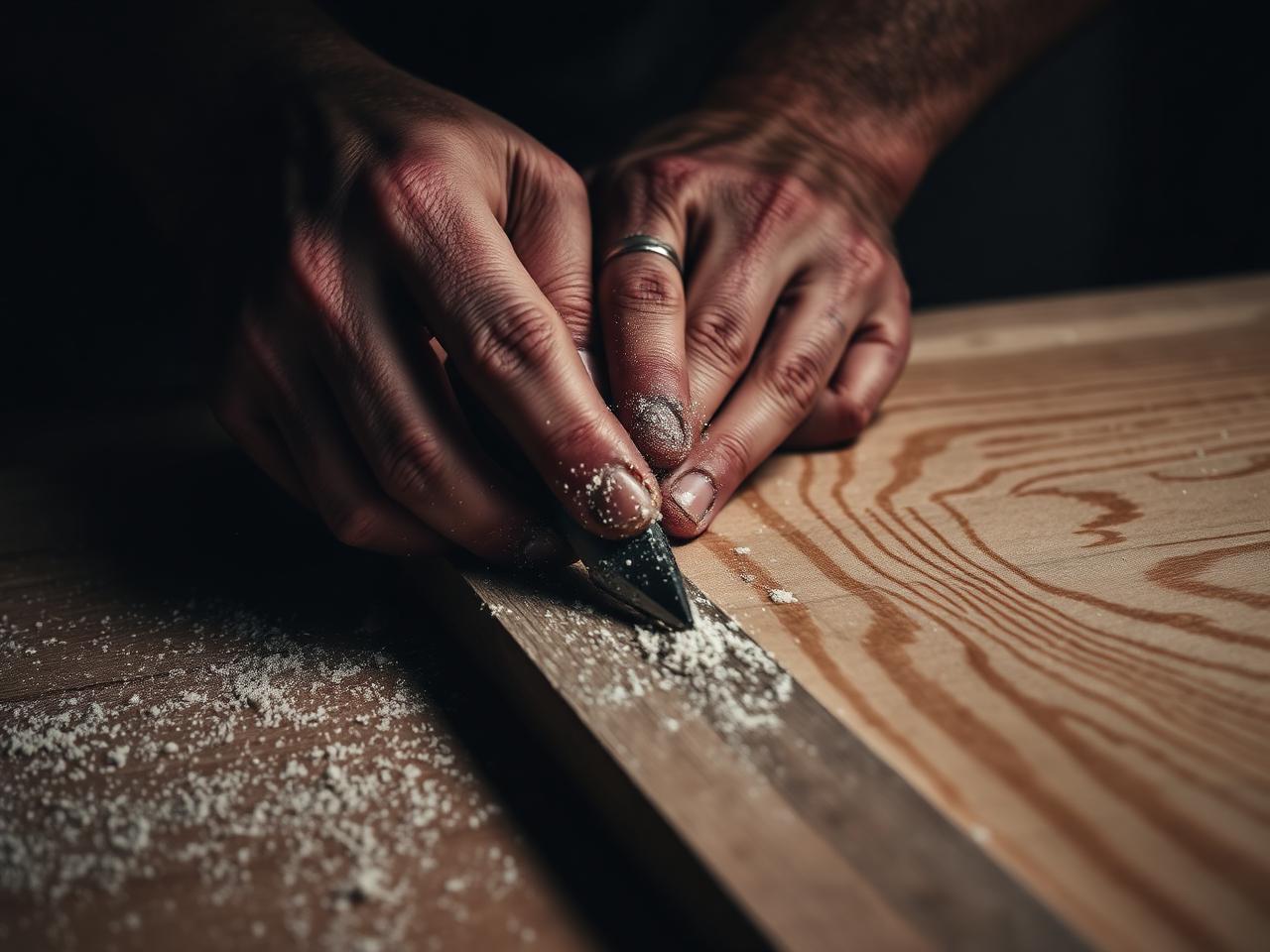 Carpenter's hands working fine wood trim